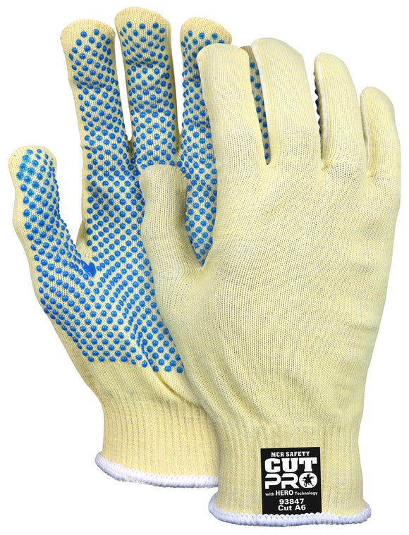 MCR Safety 93847 Cut Pro Hero 13 Gauge ARX Aramid Shell PVC Dotted Palm Cut Resi