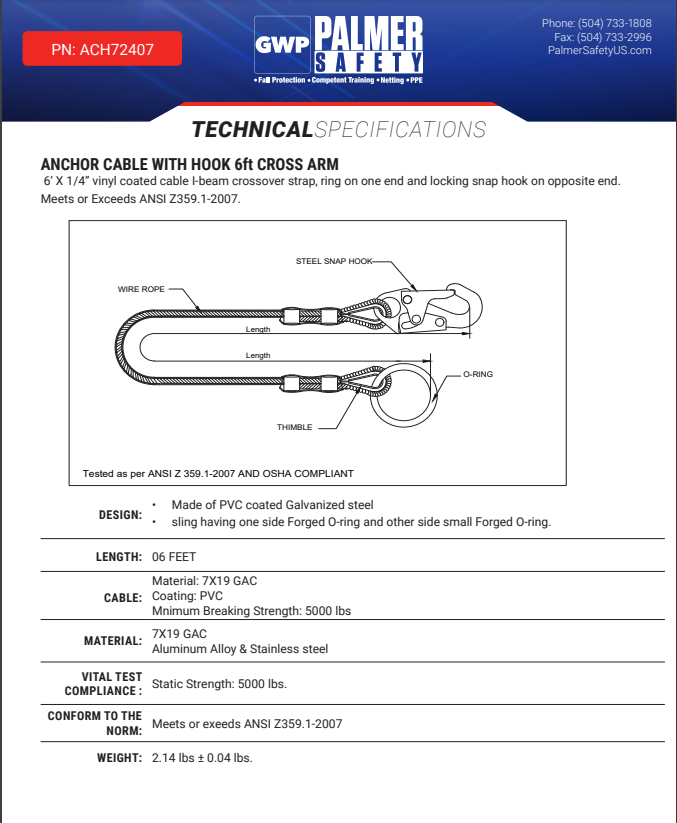Palmer Safety ACH72407 Anchor Cable Cross Arm 6 FT With Locking