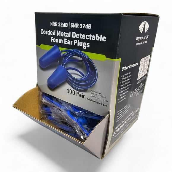 Pyramex DPD1001 Metal Detectable Corded Earplugs, NRR 30dB, 100 Pairs, Blue