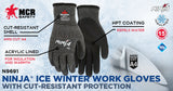 MCR SAFETY N9691 NINJA ICE INSULATED CUT RESISTANT WORK GLOVES 15 GAUGE HYPERMAX SHELL 7 GAUGE ACRYLIC TERRY INNER LINING HPT COATED PALM AND FINGERTIPS (DOZEN)