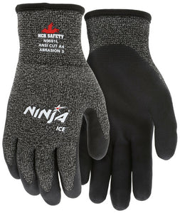 MCR SAFETY N9691 NINJA ICE INSULATED CUT RESISTANT WORK GLOVES 15 GAUGE HYPERMAX SHELL 7 GAUGE ACRYLIC TERRY INNER LINING HPT COATED PALM AND FINGERTIPS (DOZEN)