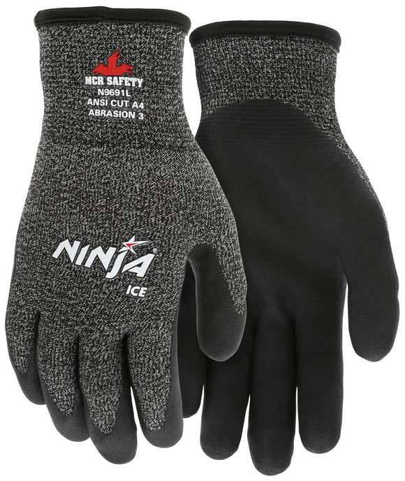 MCR SAFETY N9691 NINJA ICE INSULATED CUT RESISTANT WORK GLOVES 15 GAUGE HYPERMAX SHELL 7 GAUGE ACRYLIC TERRY INNER LINING HPT COATED PALM AND FINGERTIPS (DOZEN)