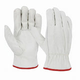 MAC Safety Supplies white cowhide leather driver work gloves with red trim, reinforced stitching for durability.