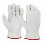 MAC Safety Supplies white cowhide leather driver work gloves with red trim, reinforced stitching for durability.