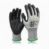 MAC Safety Supplies Cut Pro gloves with black double-dipped nitrile palms and grey cut-resistant shells. ANSI A4 cut protection.