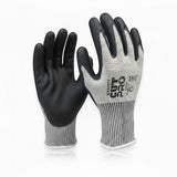 MAC Safety Supplies Cut Pro gloves with black double-dipped nitrile palms and grey cut-resistant shell, ANSI A4.