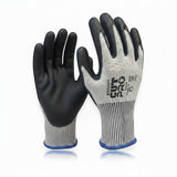 MAC Safety Supplies Cut Pro gloves with black double-dipped nitrile palm and grey cut-resistant shell, ANSI A4 cut protection.