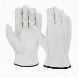 MAC Safety Supplies white cowhide leather driver work gloves with reinforced stitching and elastic cuffs.