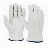 MAC Safety Supplies white cowhide leather driver work gloves with reinforced stitching and navy trim.