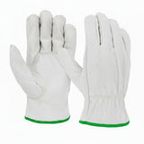 MAC Safety Supplies white cowhide leather driver work gloves with green trim and reinforced stitching.