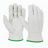 MAC Safety Supplies white cowhide leather driver work gloves with green trim, reinforced stitching, and elastic cuff.