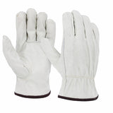 MAC Safety Supplies white cowhide leather driver work gloves with reinforced stitching and elasticated cuff.