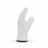 MAC Safety Supplies white cowhide leather driver work gloves with reinforced stitching and brown cuff.