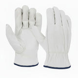 MAC Safety Supplies white cowhide leather driver work gloves with reinforced stitching and navy trim.