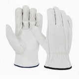 MAC Safety Supplies white cowhide leather driver work gloves with reinforced stitching and elastic cuffs.