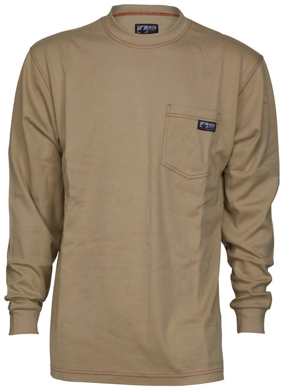 MCR Safety LST1T Flame Resistant FR Work Shirt Lightweight Long Sleeve T-Shirt Comfortable 100% FR Cotton Fabric, Tan