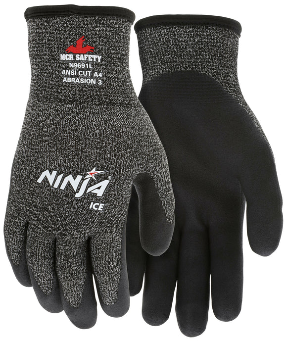 MCR safety N9691 Ninja Ice Insulated Cut Resistant Work Gloves 15 Gauge Hypermax Shell 7 Gauge Acrylic Terry Inner Lining HPT Coated Palm and Fingertips